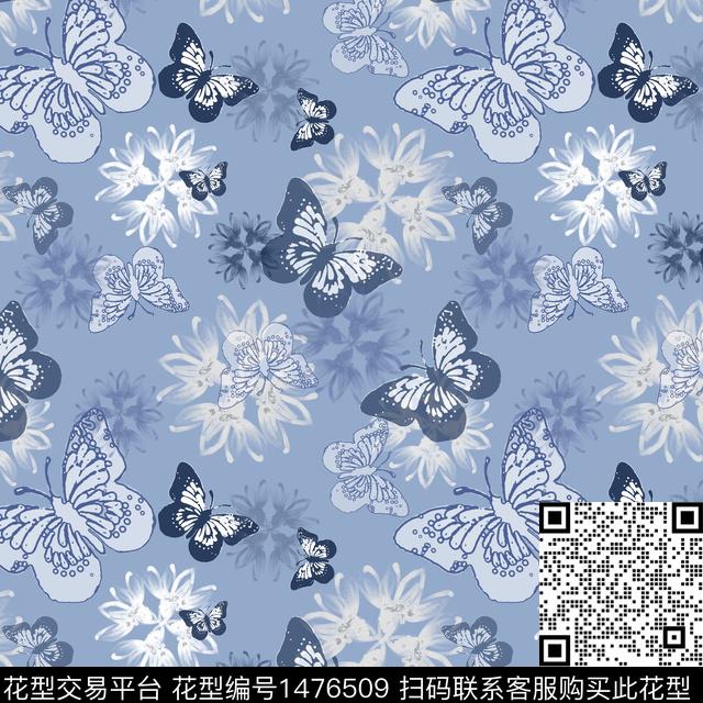 花卉手绘蝴蝶数码印花华亿平台下载（图片编号: 1476509） - 瓦栏（Walan）