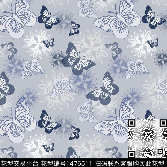 花卉手绘蝴蝶数码印花华亿平台下载（图片编号: 1476511） - 瓦栏（Walan）