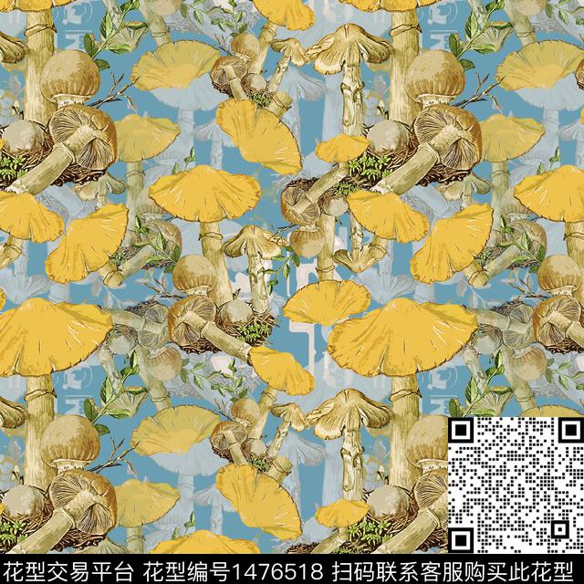 绿植树叶蘑菇趣味元素传统印花华亿平台下载（图片编号: 1476518） - 瓦栏（Walan）