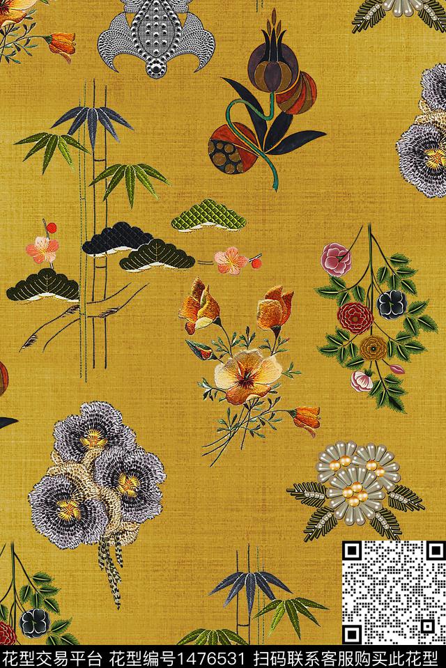 真丝国潮年轻香云纱数码印花华亿平台下载（图片编号: 1476531） - 瓦栏（Walan）