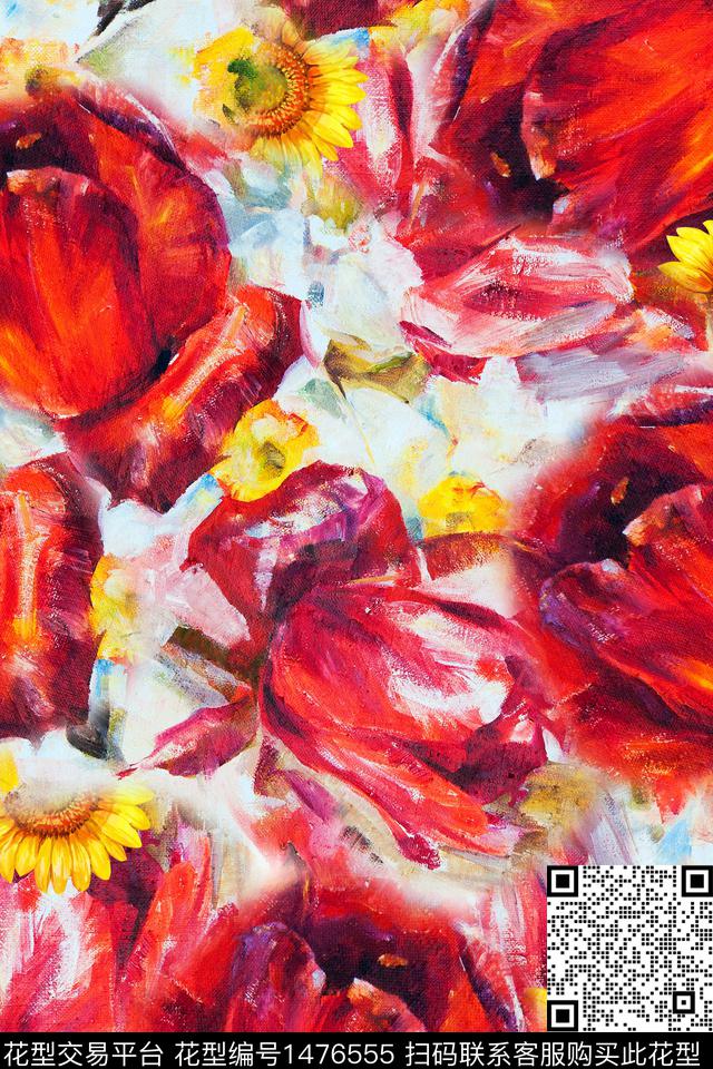 向日葵玫瑰花油画华亿平台数码印花华亿平台下载（图片编号: 1476555） - 瓦栏（Walan）