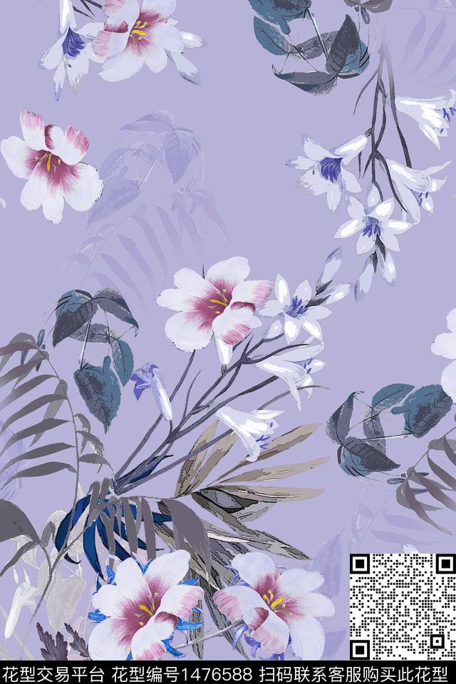 连衣裙绿植树叶清爽底花卉数码印花华亿平台下载（图片编号: 1476588） - 瓦栏（Walan）