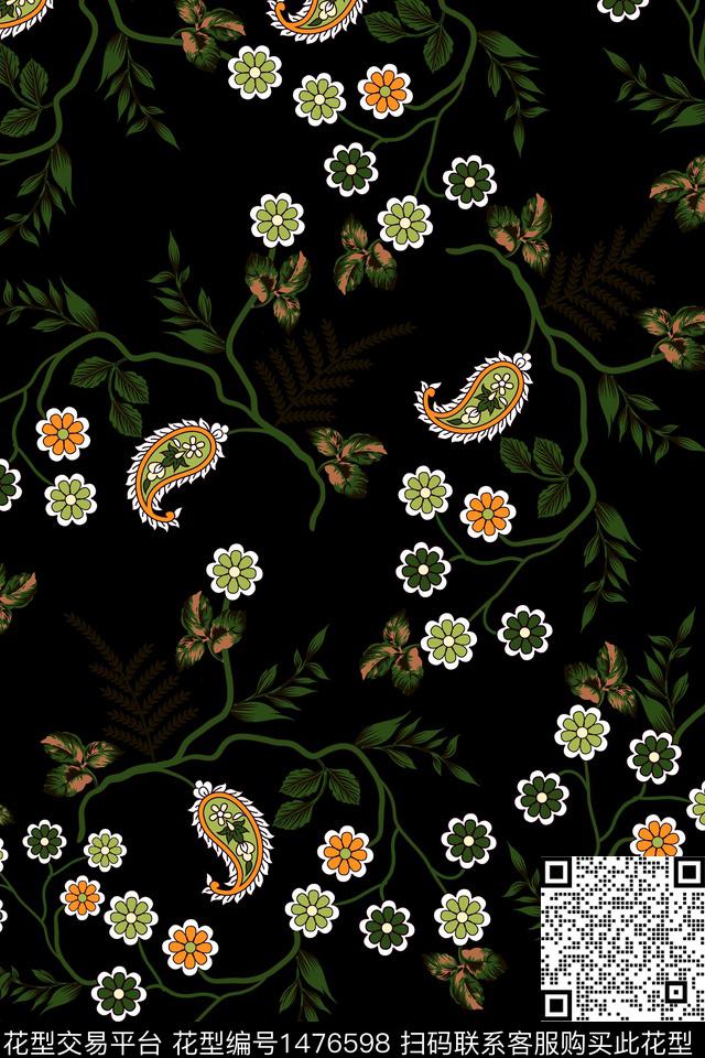 绿植树叶佩斯利大牌风数码印花华亿平台下载（图片编号: 1476598） - 瓦栏（Walan）