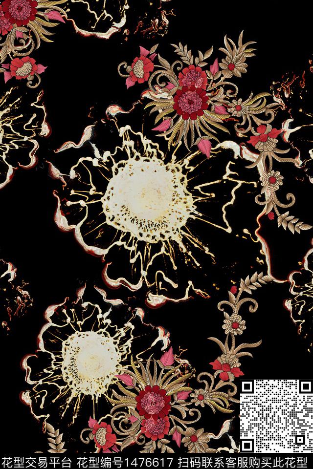 黑底花卉香云纱大牌风数码印花华亿平台下载（图片编号: 1476617） - 瓦栏（Walan）