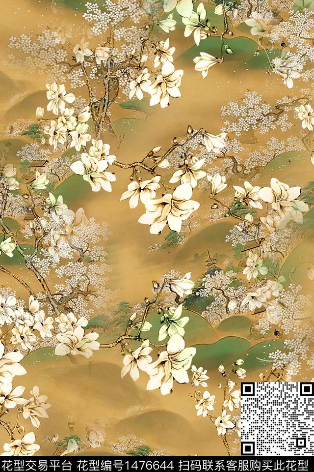 花卉香云纱中国风数码印花华亿平台下载（图片编号: 1476644） - 瓦栏（Walan）
