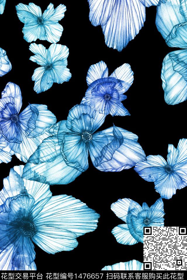黑底花卉花卉大牌风数码印花华亿平台下载（图片编号: 1476657） - 瓦栏（Walan）