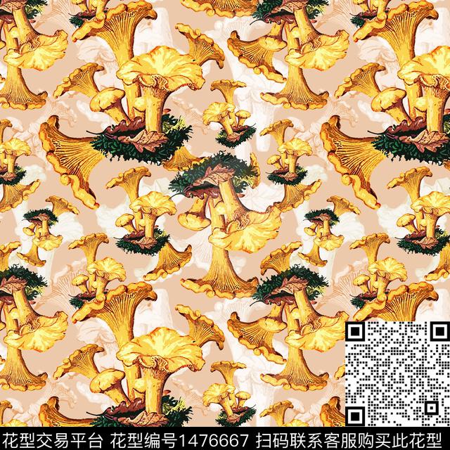 绿植树叶蘑菇趣味元素传统印花华亿平台下载（图片编号: 1476667） - 瓦栏（Walan）