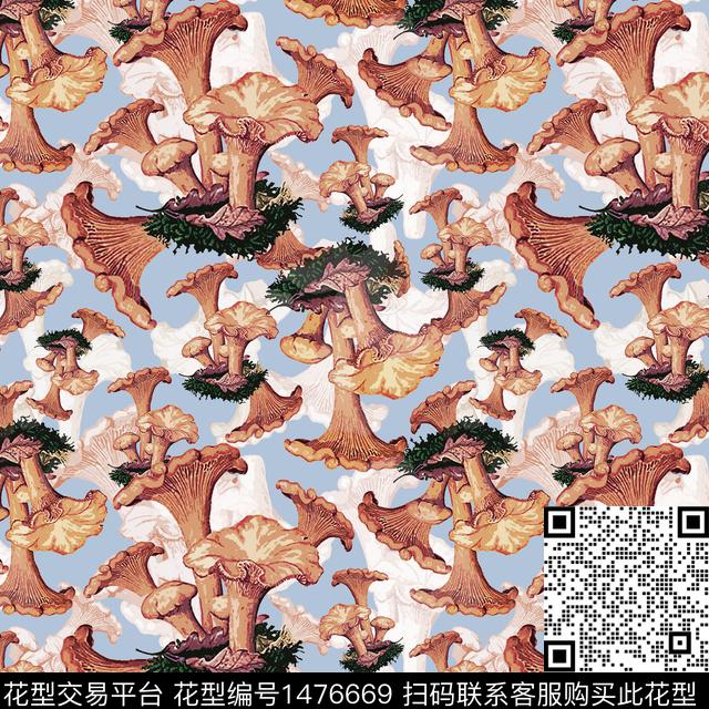 绿植树叶蘑菇趣味元素传统印花华亿平台下载（图片编号: 1476669） - 瓦栏（Walan）