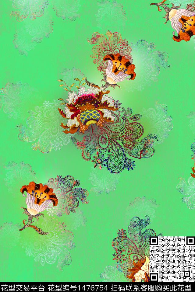 定位花抽象花卉数码定位花数码印花华亿平台下载（图片编号: 1476754） - 瓦栏（Walan）