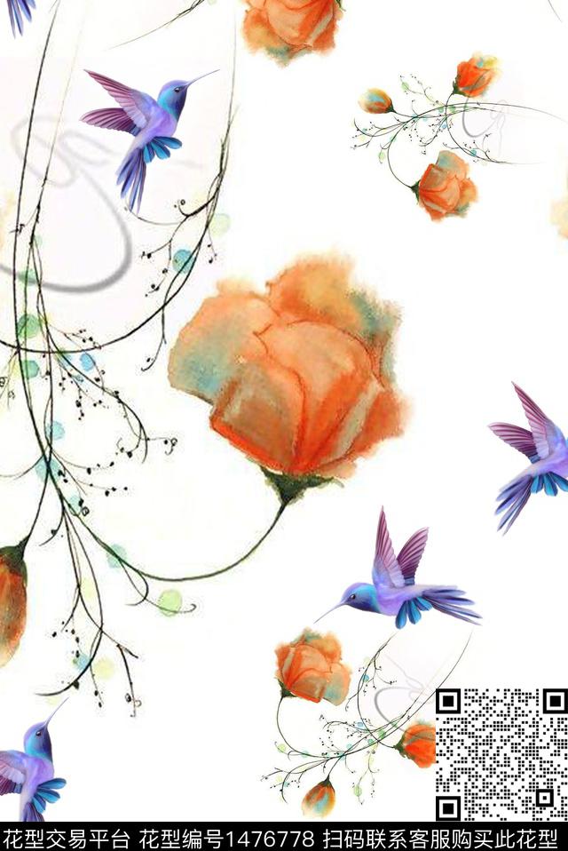 花鸟清爽底花卉花卉数码印花华亿平台下载（图片编号: 1476778） - 瓦栏（Walan）