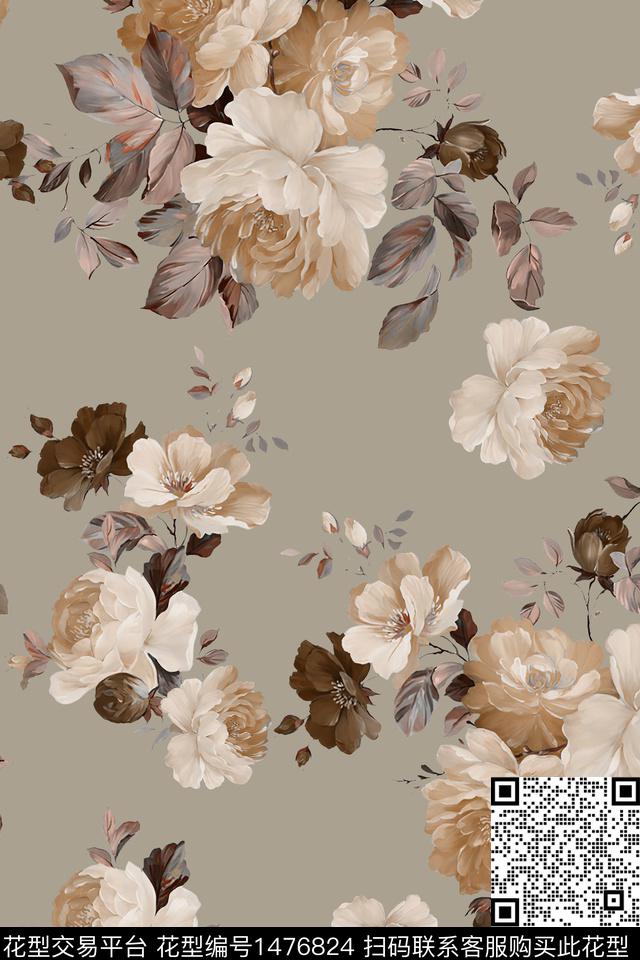 花卉香云纱大牌风数码印花华亿平台下载（图片编号: 1476824） - 瓦栏（Walan）