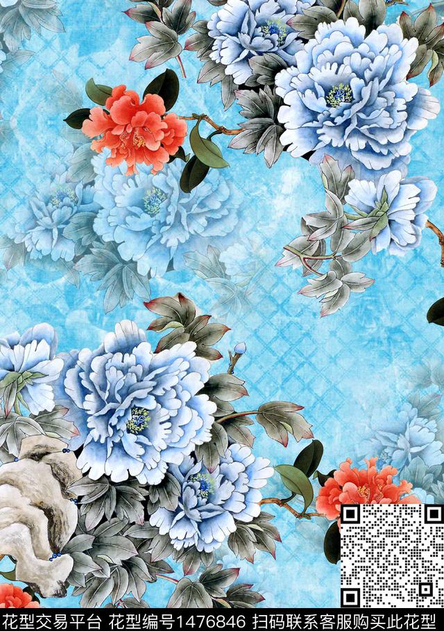 花卉大牌风中国风数码印花华亿平台下载（图片编号: 1476846） - 瓦栏（Walan）