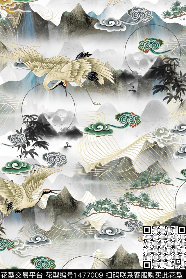 祥云仙鹤大牌风数码印花华亿平台下载（图片编号: 1477009） - 瓦栏（Walan）