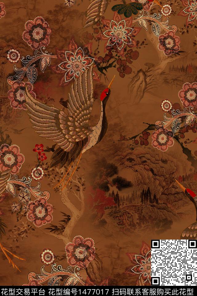 仙鹤花卉香云纱数码印花华亿平台下载（图片编号: 1477017） - 瓦栏（Walan）