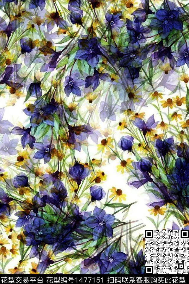 花卉香云纱水彩花卉数码印花华亿平台下载（图片编号: 1477151） - 瓦栏（Walan）