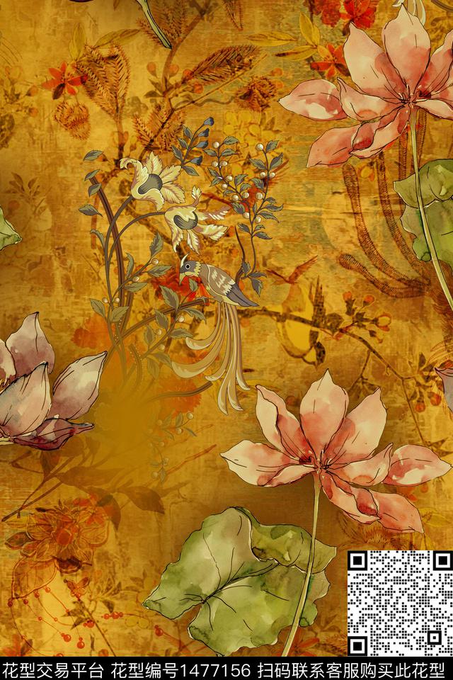 花卉香云纱中国风数码印花华亿平台下载（图片编号: 1477156） - 瓦栏（Walan）