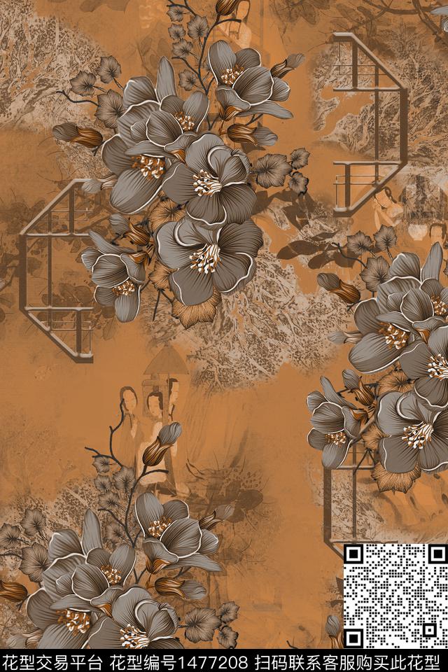 花卉香云纱中国风数码印花华亿平台下载（图片编号: 1477208） - 瓦栏（Walan）