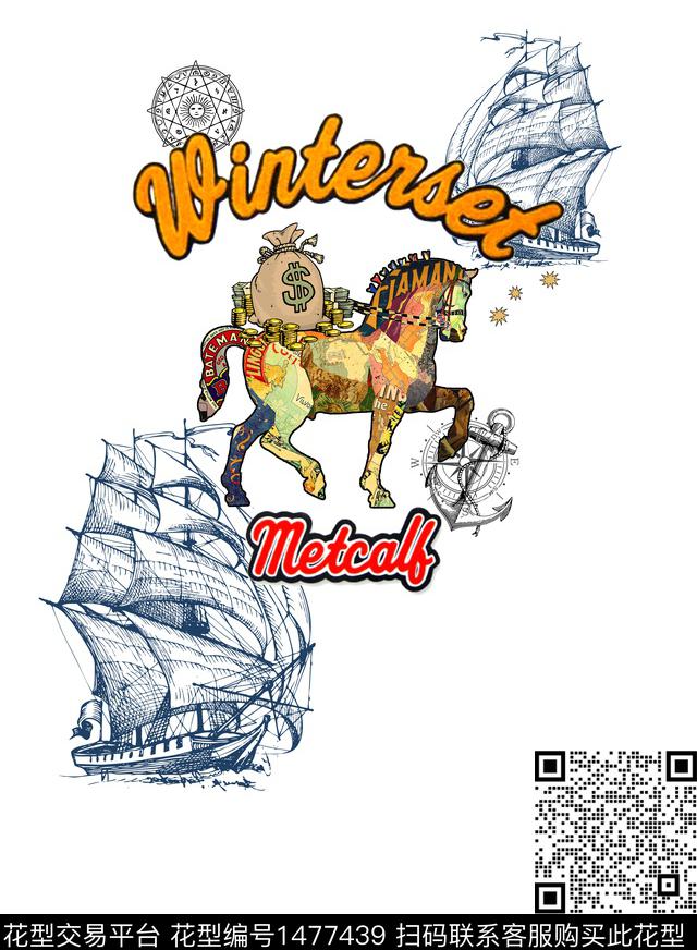 插画帆船船锚数码印花华亿平台下载（图片编号: 1477439） - 瓦栏（Walan）