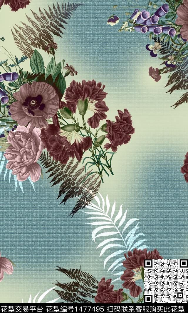 彩底花卉绿植树叶鲜花数码印花华亿平台下载（图片编号: 1477495） - 瓦栏（Walan）