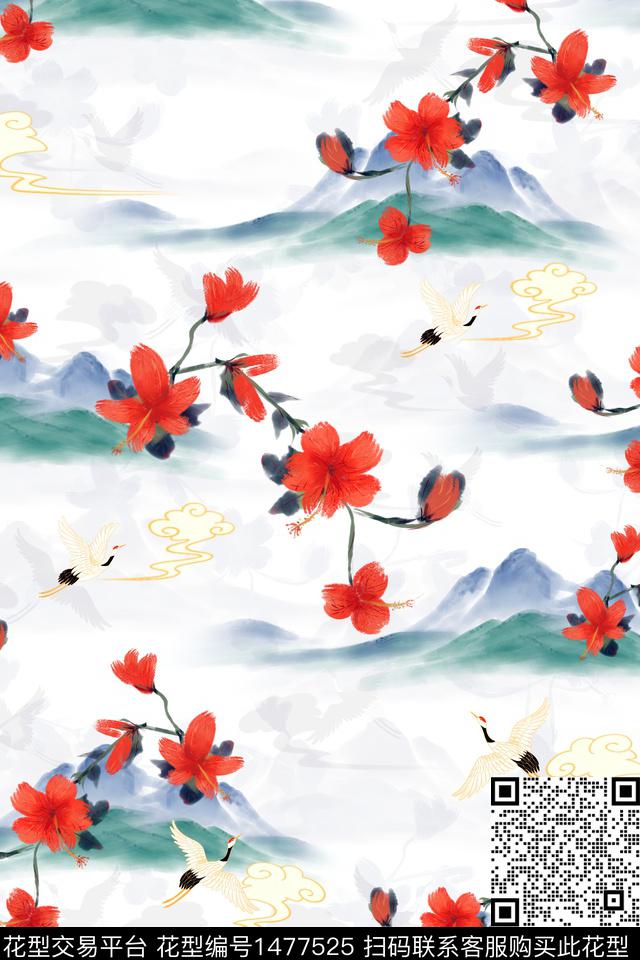 山仙鹤民族风数码印花华亿平台下载（图片编号: 1477525） - 瓦栏（Walan）