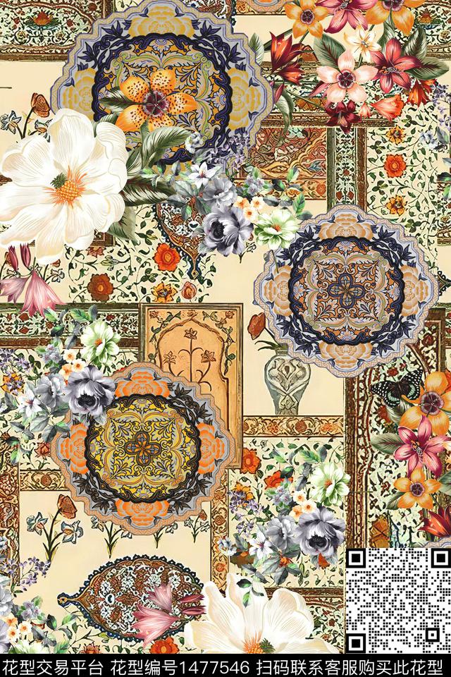 民族风花卉真丝数码印花华亿平台下载（图片编号: 1477546） - 瓦栏（Walan）