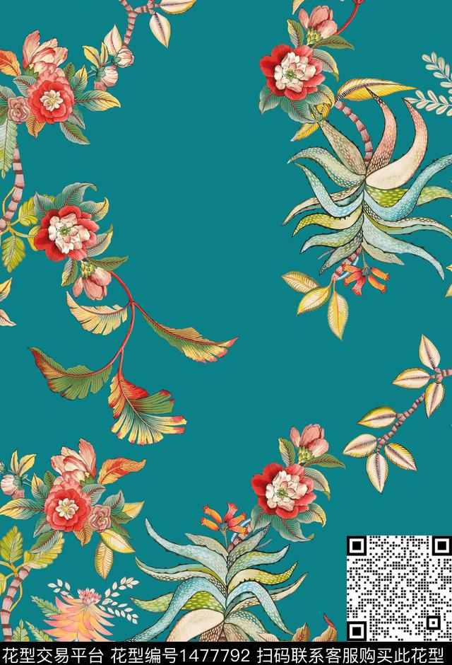 彩底花卉蓝色春夏华亿平台数码印花华亿平台下载（图片编号: 1477792） - 瓦栏（Walan）