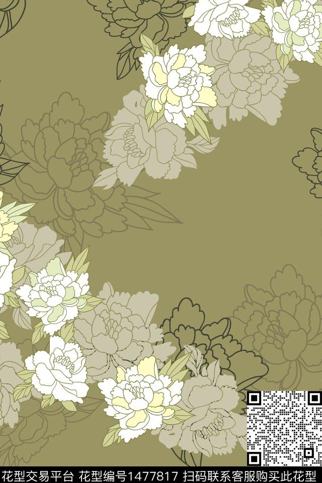 黑底花卉绿植树叶大牌风数码印花华亿平台下载（图片编号: 1477817） - 瓦栏（Walan）