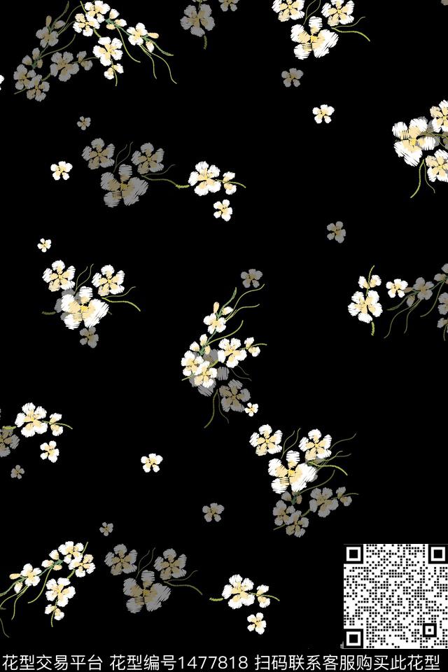 黑底花卉绿植树叶雪纺数码印花华亿平台下载（图片编号: 1477818） - 瓦栏（Walan）