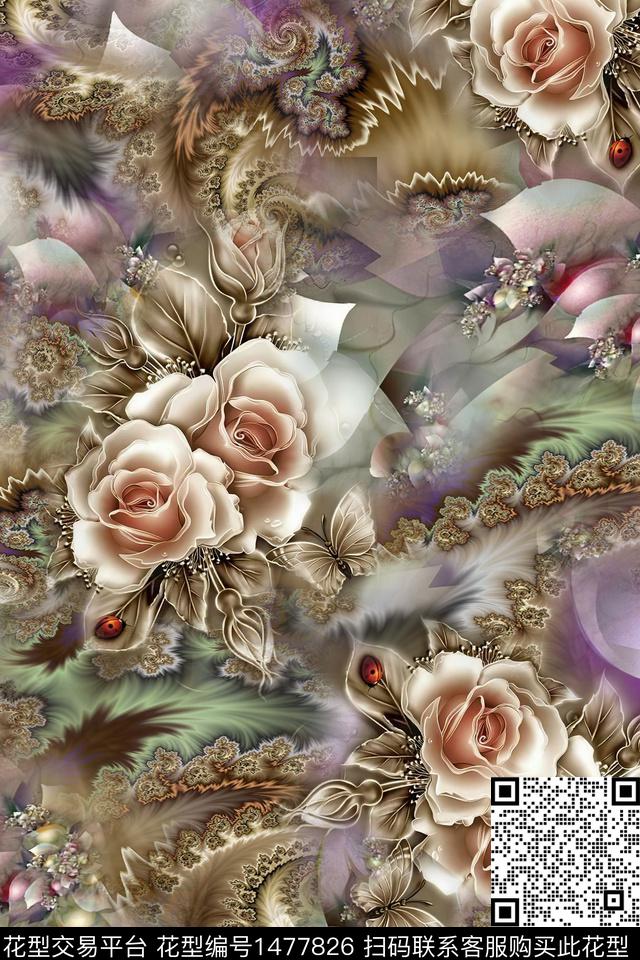 花卉真丝混合拼接数码印花华亿平台下载（图片编号: 1477826） - 瓦栏（Walan）