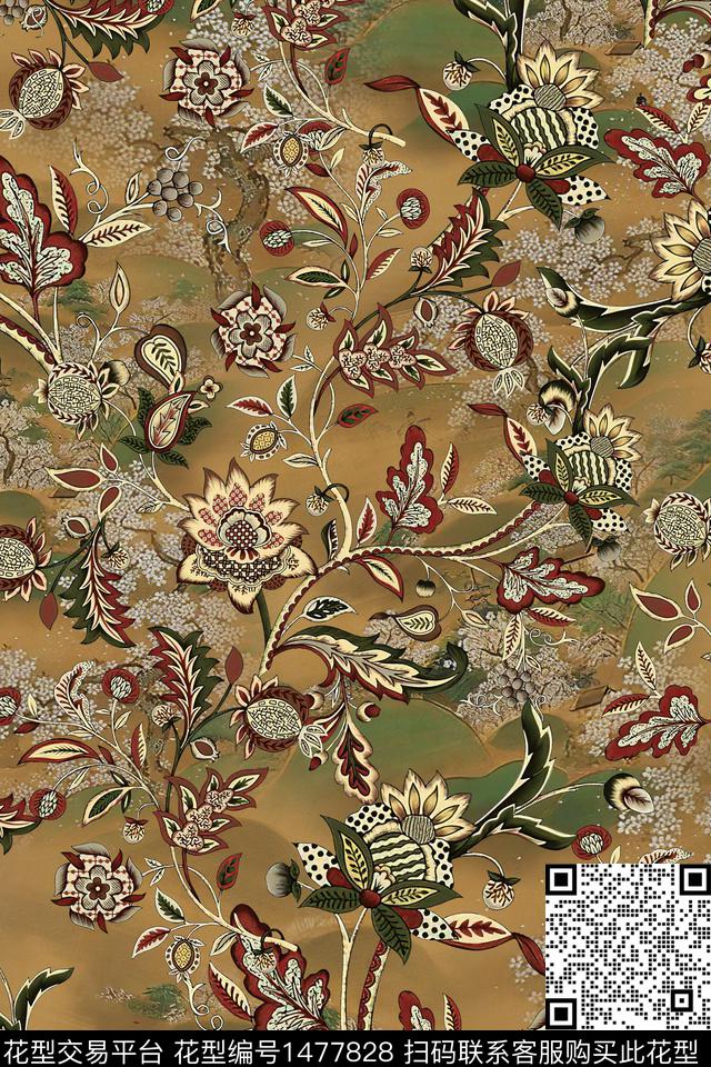 民族风花卉香云纱数码印花华亿平台下载（图片编号: 1477828） - 瓦栏（Walan）