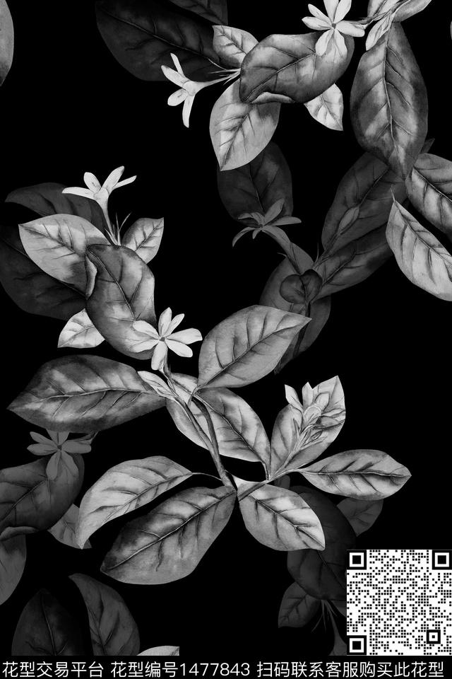 黑底花卉绿植树叶花卉数码印花华亿平台下载（图片编号: 1477843） - 瓦栏（Walan）