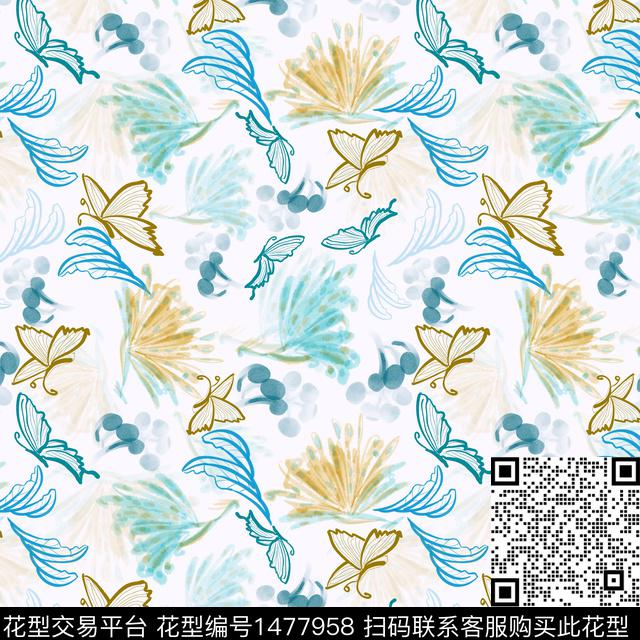 花卉手绘蝴蝶数码印花华亿平台下载（图片编号: 1477958） - 瓦栏（Walan）