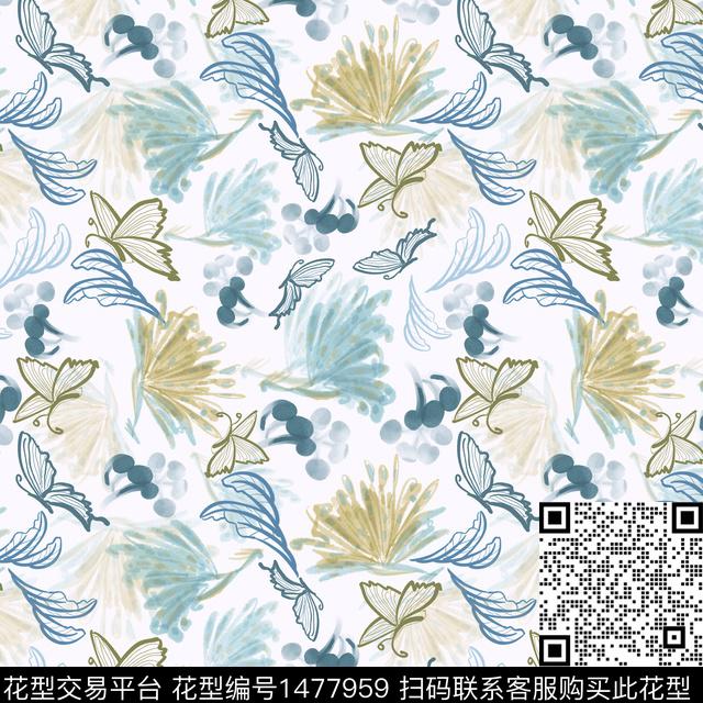 花卉手绘蝴蝶数码印花华亿平台下载（图片编号: 1477959） - 瓦栏（Walan）