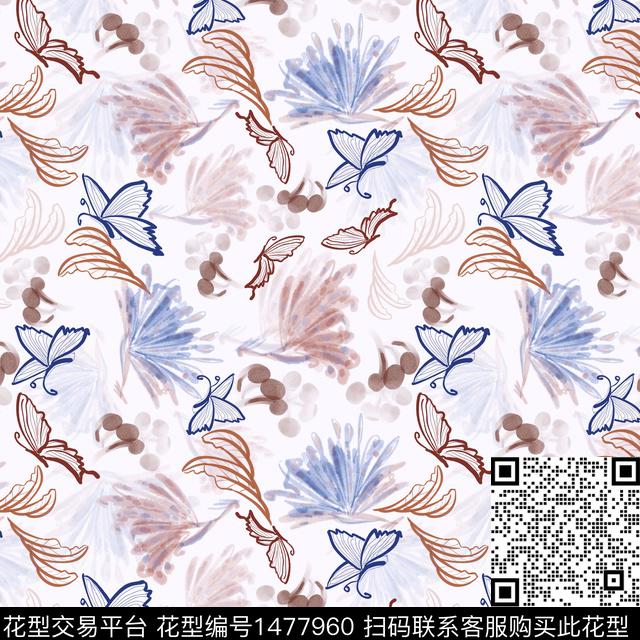 花卉手绘蝴蝶数码印花华亿平台下载（图片编号: 1477960） - 瓦栏（Walan）