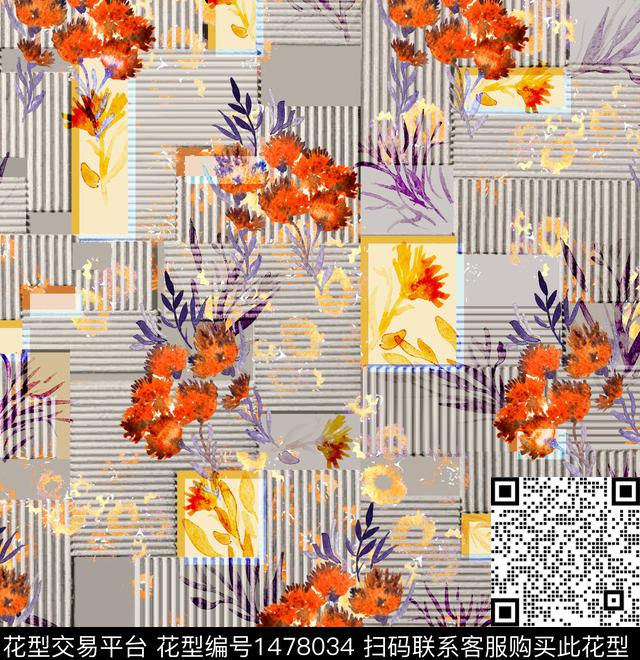 几何大牌风手绘花卉传统印花华亿平台下载（图片编号: 1478034） - 瓦栏（Walan）