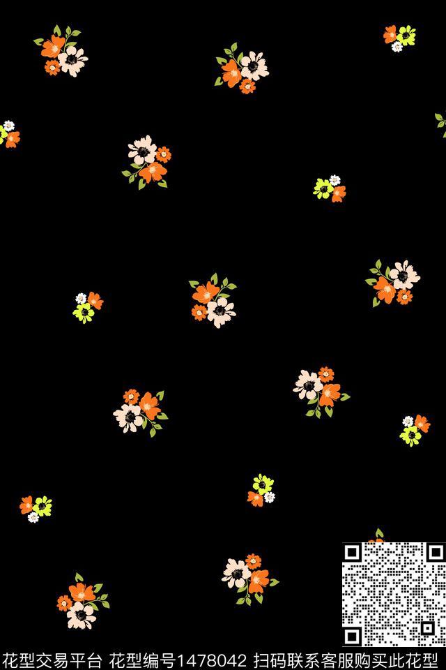 黑底花卉年轻女性小清新传统印花华亿平台下载（图片编号: 1478042） - 瓦栏（Walan）