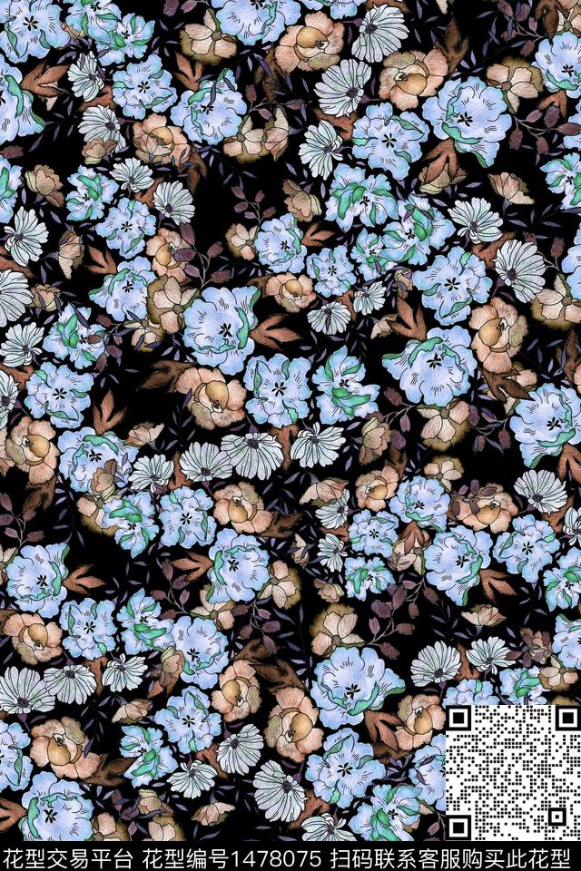 黑底花卉花卉真丝数码印花华亿平台下载（图片编号: 1478075） - 瓦栏（Walan）