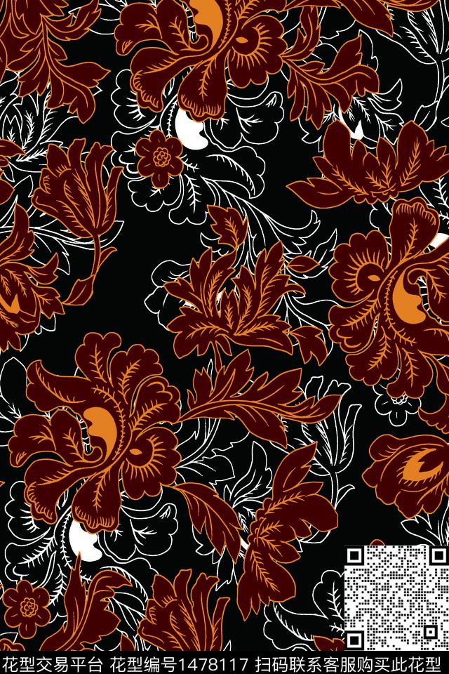 民族风花卉审传统印花华亿平台下载（图片编号: 1478117） - 瓦栏（Walan）