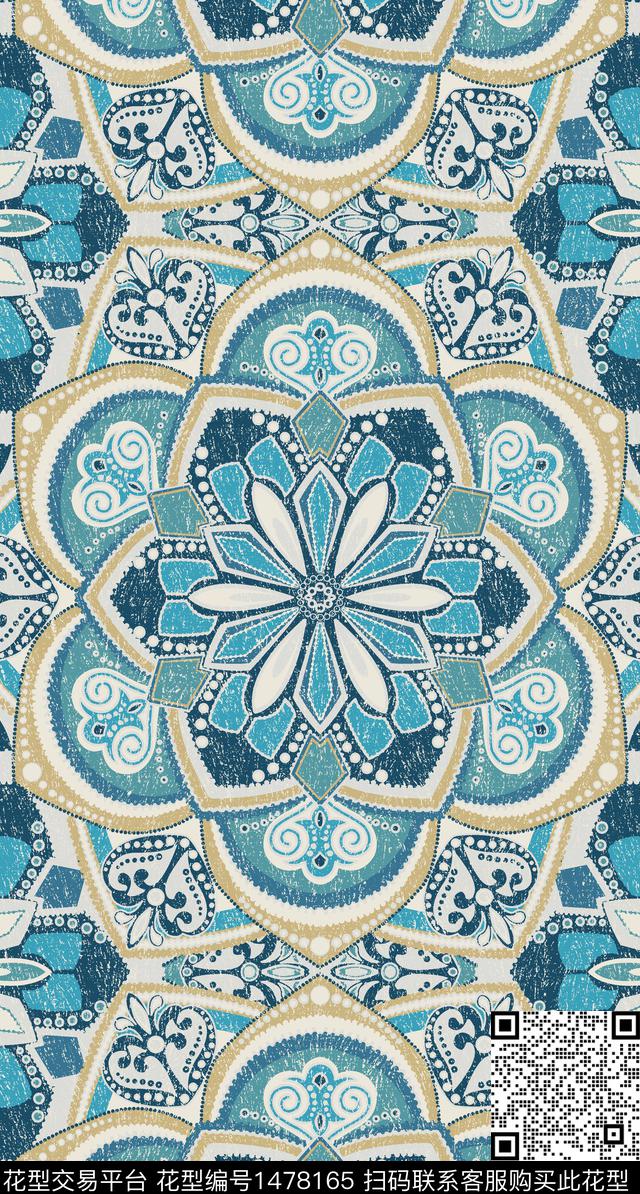 民族花卉六边形床品传统印花华亿平台下载（图片编号: 1478165） - 瓦栏（Walan）