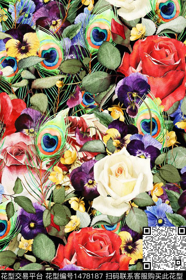 羽毛春夏华亿平台满版散花数码印花华亿平台下载（图片编号: 1478187） - 瓦栏（Walan）