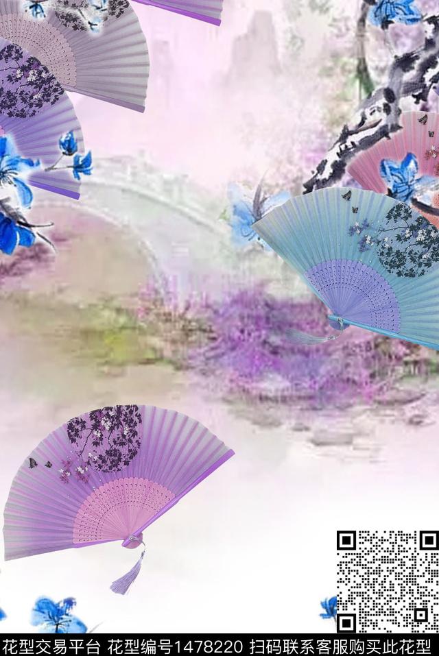 扇子民族风花卉数码印花华亿平台下载（图片编号: 1478220） - 瓦栏（Walan）