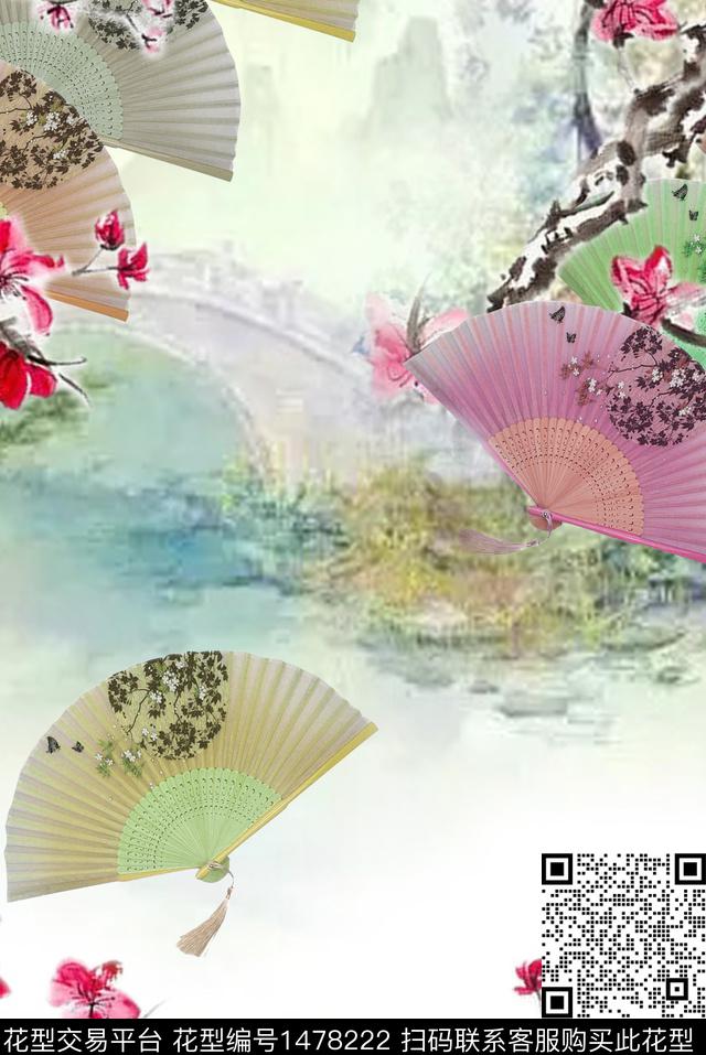 扇子民族风花卉数码印花华亿平台下载（图片编号: 1478222） - 瓦栏（Walan）
