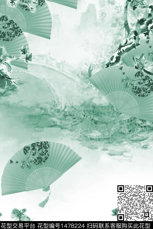 扇子民族风花卉数码印花华亿平台下载（图片编号: 1478224） - 瓦栏（Walan）