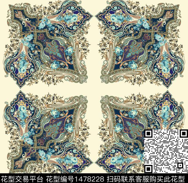 民族风大牌风对称花数码印花华亿平台下载（图片编号: 1478228） - 瓦栏（Walan）