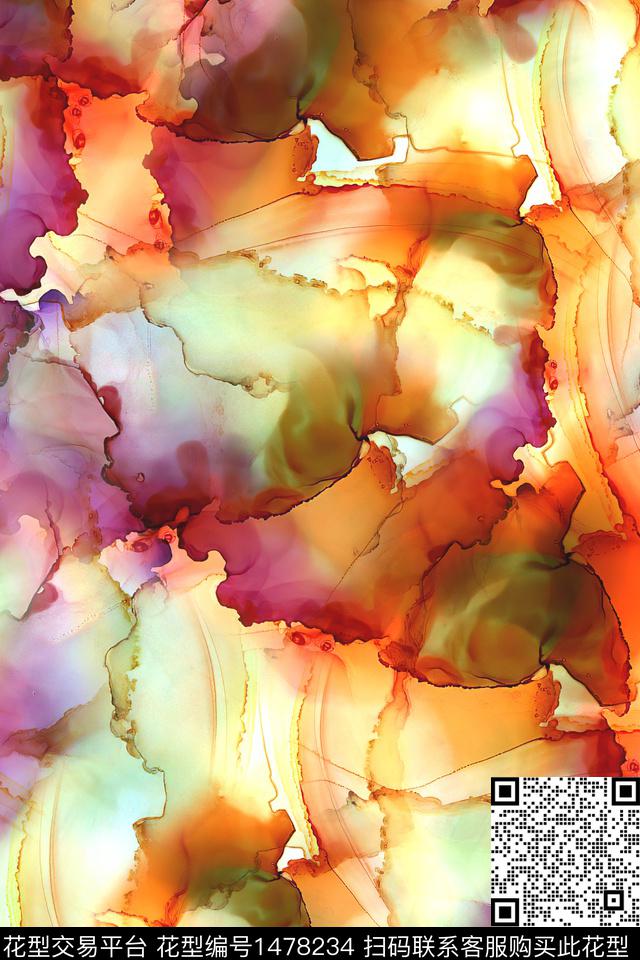 肌理水彩旗袍数码印花华亿平台下载（图片编号: 1478234） - 瓦栏（Walan）