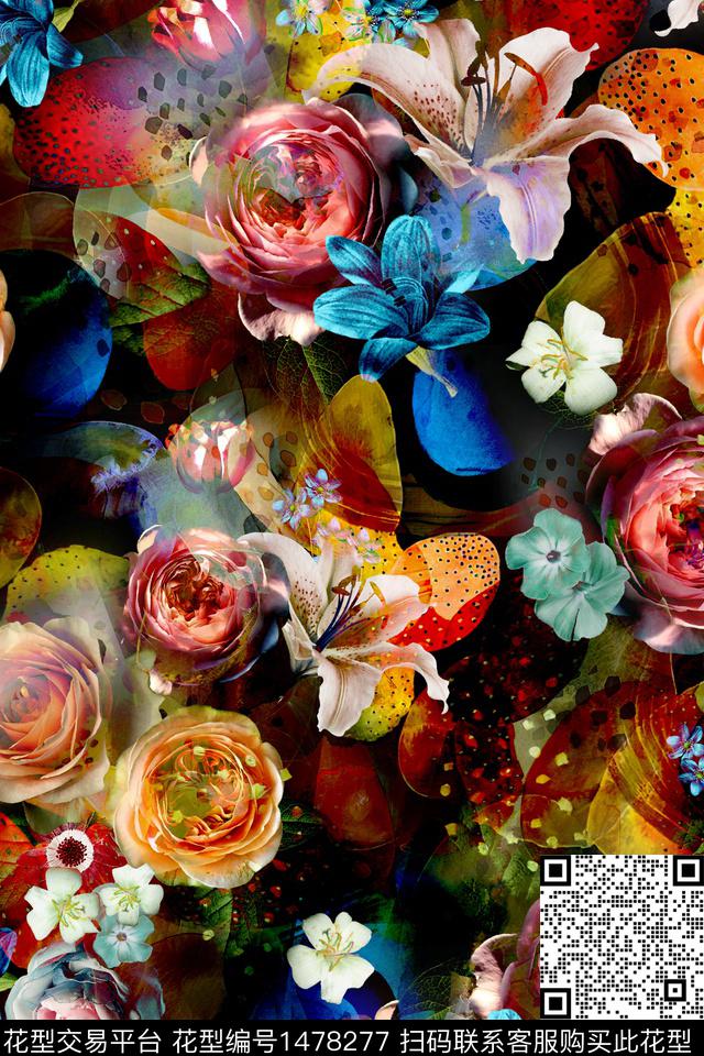 时尚花卉真丝数码印花华亿平台下载（图片编号: 1478277） - 瓦栏（Walan）