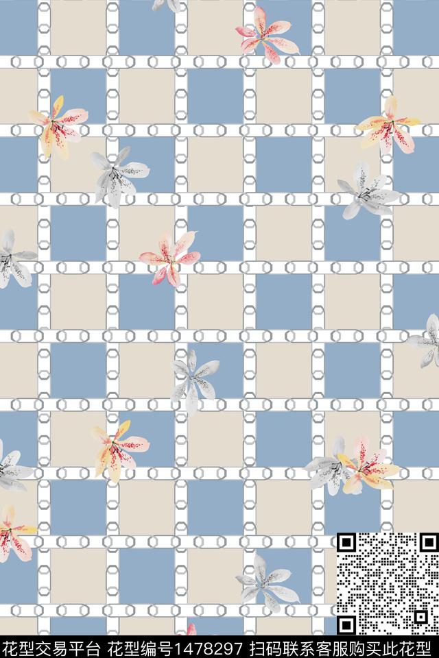 花卉小清新格子数码印花华亿平台下载（图片编号: 1478297） - 瓦栏（Walan）
