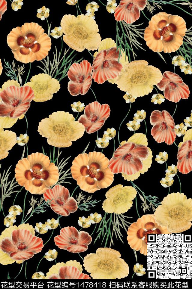 连衣裙花卉手绘花卉数码印花华亿平台下载（图片编号: 1478418） - 瓦栏（Walan）