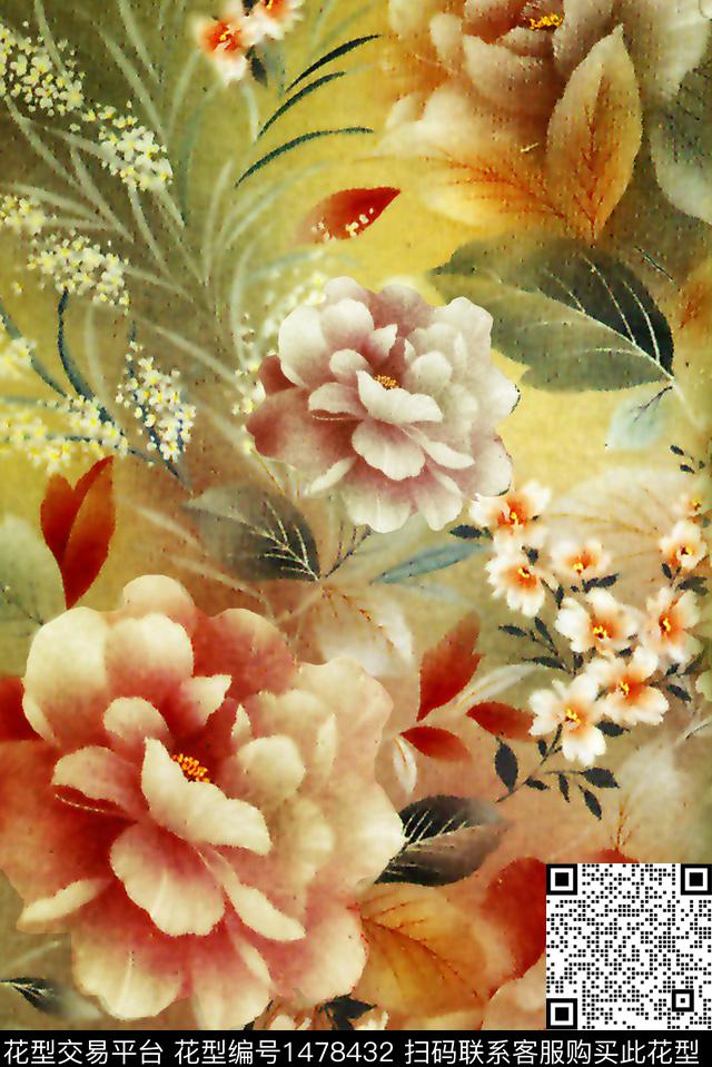 花卉旗袍真丝数码印花华亿平台下载（图片编号: 1478432） - 瓦栏（Walan）