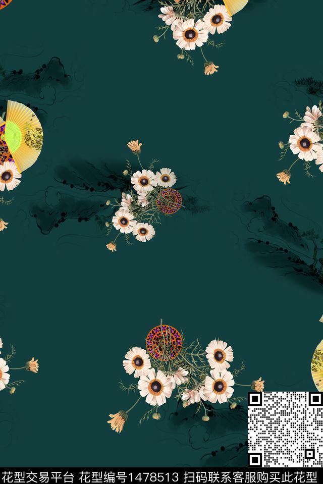 扇子民族风花卉数码印花华亿平台下载（图片编号: 1478513） - 瓦栏（Walan）